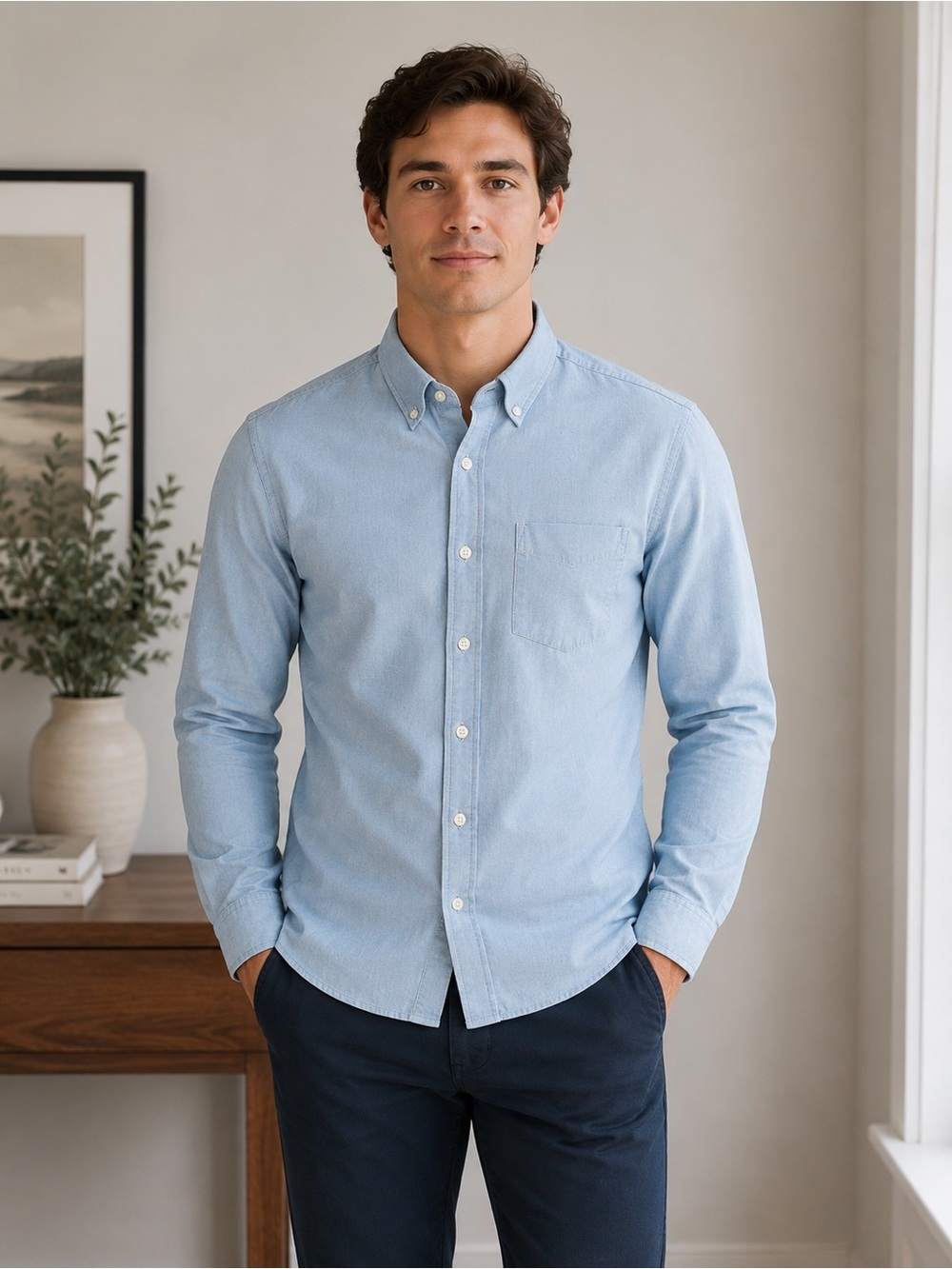 New with tags Club Monaco slim fit denim shirt in light blue.